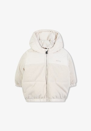 Pufferjack in crème, met een capuchon, ribbelstructuur op de mouwen, een gladde stof voor het lichaam en een voorrits met een logo-detail.