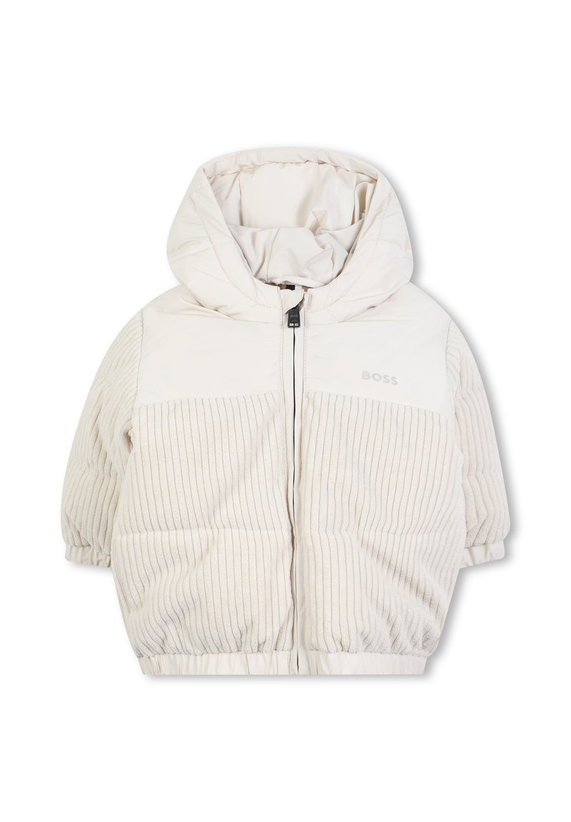 Giacca a vento in crema, con cappuccio, texture a coste sulle maniche, tessuto del corpo liscio e zip frontale con dettaglio del logo.