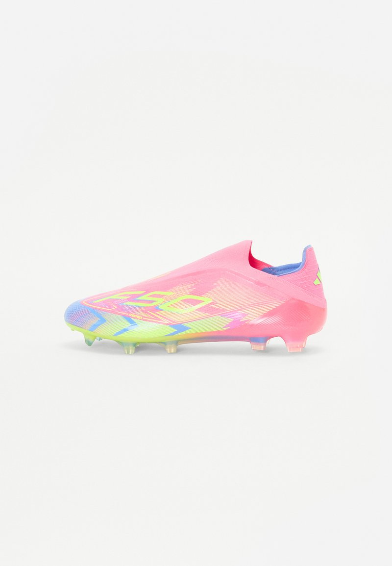 Pink and blue soccer cleat with a sleek design, featuring a gradient pattern and translucent studs. Made from synthetic materials.