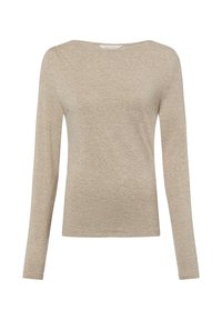 Beiges Langarmshirt aus weichem Stoff mit einem Boot-Ausschnitt und subtiler Strukturierung. Einfaches Design ohne Muster oder Verzierungen.