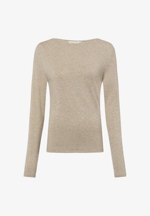 Beiges Langarmshirt aus weichem Stoff mit einem Boot-Ausschnitt und subtiler Strukturierung. Einfaches Design ohne Muster oder Verzierungen.