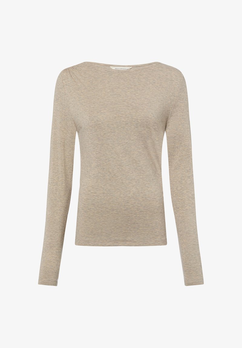 Beiges Langarmshirt aus weichem Stoff mit einem Boot-Ausschnitt und subtiler Strukturierung. Einfaches Design ohne Muster oder Verzierungen.