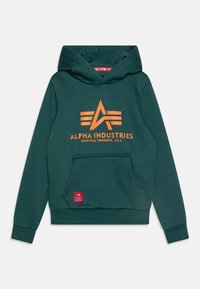 Felpa verde scuro con logo arancione "Alpha Industries Knoxville, Tennessee, U.S.A." e tasca frontale a marsupio con una piccola toppa rossa.