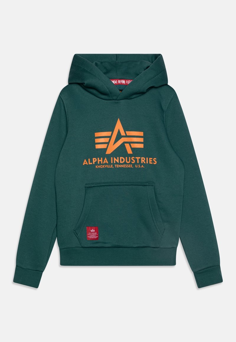 Felpa verde scuro con logo arancione "Alpha Industries Knoxville, Tennessee, U.S.A." e tasca frontale a marsupio con una piccola toppa rossa.