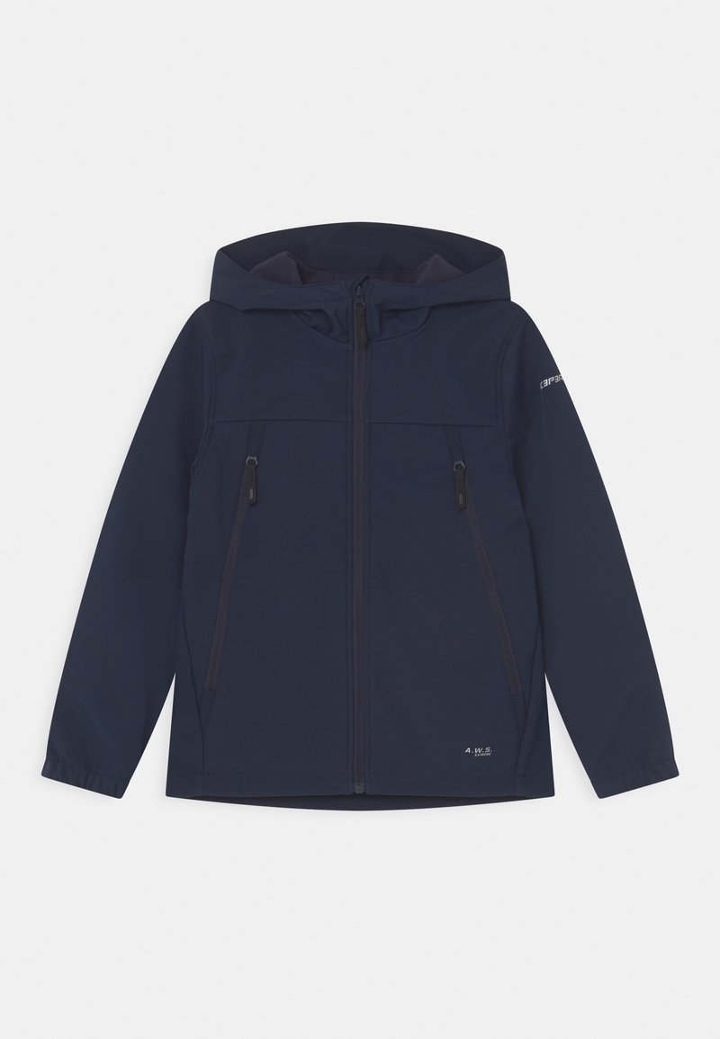 Navy blue hooded jacket with front zipper and two zippered pockets, featuring small white logos on lower front and right sleeve.