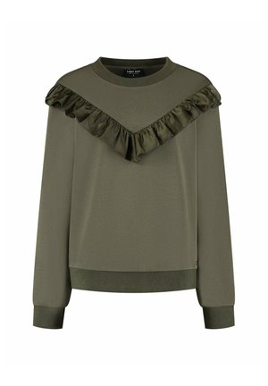Olijfgroene sweatshirt met lange mouwen, geribde boorden aan mouwen en zoom, met een glanzende geplooide V-vormige afwerking over de borst en schouders.