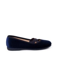 Bailarinas de terciopelo azul marino con punta redonda, tira elástica delgada y suela de goma plana. Textura suave con un diseño simple y minimalista.