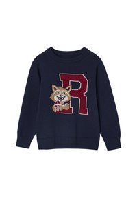 Marineblauer Pullover mit einem großen roten Buchstaben „R“ und einem gestickten lächelnden Fuchs, der einen Football hält. Gerippte Bündchen und Saum.