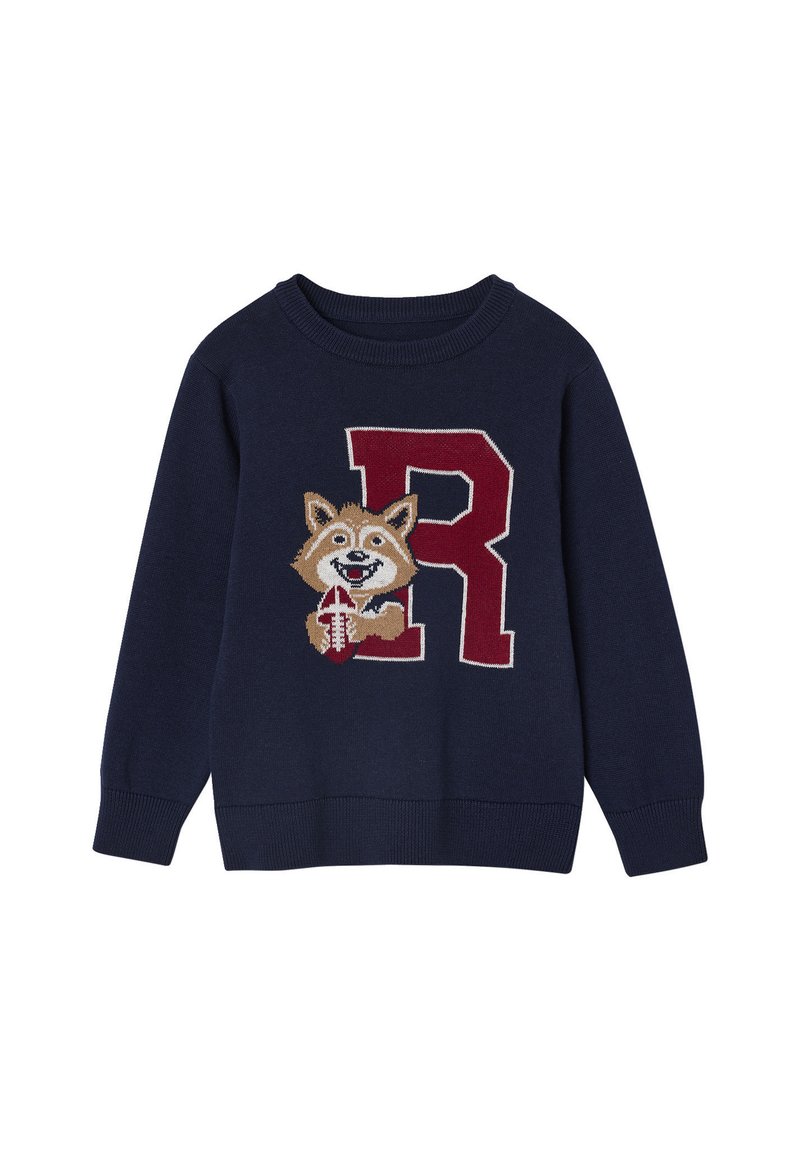Marineblauer Pullover mit einem großen roten Buchstaben „R“ und einem gestickten lächelnden Fuchs, der einen Football hält. Gerippte Bündchen und Saum.