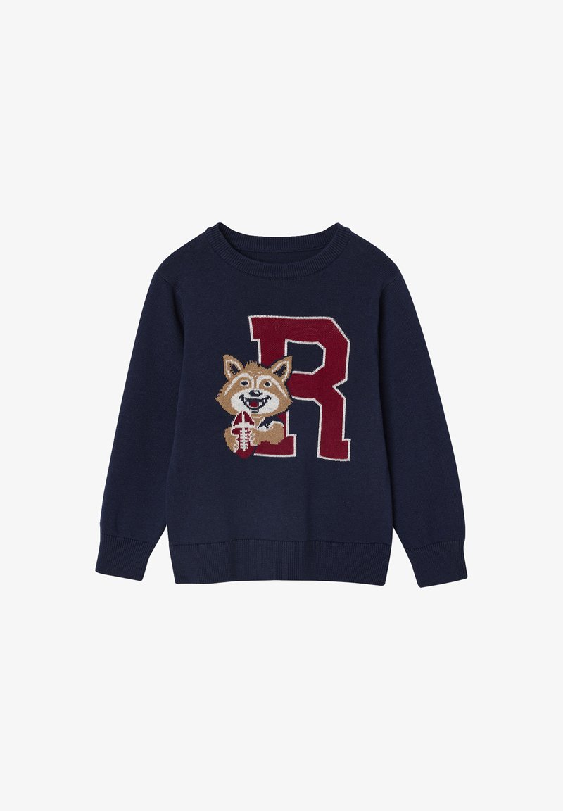 Marineblauer Pullover mit einem großen roten Buchstaben „R“ und einem gestickten lächelnden Fuchs, der einen Football hält. Gerippte Bündchen und Saum.