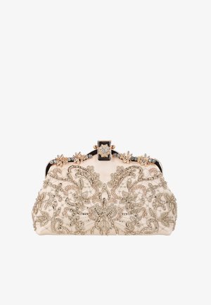 Beige Clutch mit filigraner Perlen- und Pailletten-Blumenstickerei und goldfarbenem Rahmen mit dekorativem Verschluss und Blumenverzierungen.