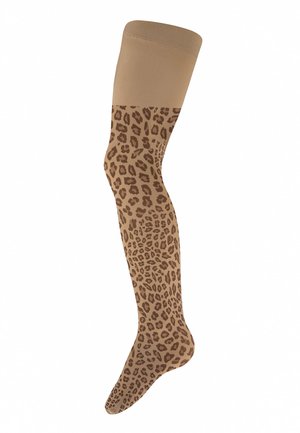 Tan tights featuring a brown leopard print design, smooth texture, and a solid tan upper band. Suitable for a variety of outfits.