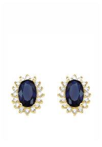 Guldörhängen med en oval blå ädelsten i mitten, omgiven av små glittrande stenar. Eleganta viftliknande designelement.