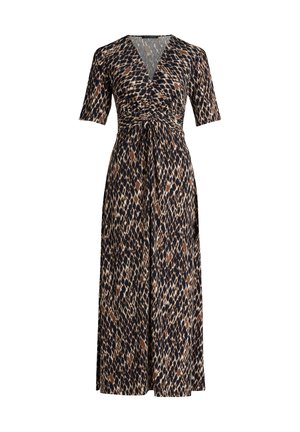 Langes Kleid mit V-Ausschnitt und kurzen Ärmeln. Es verfügt über ein braun und marineblaues Tiermuster. Hergestellt aus leichtem Stoff mit taillierter Passform.