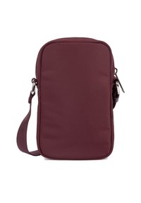 Piccolo borsa a tracolla rettangolare color marsala con zip e tracolla regolabile su uno sfondo bianco.