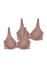 Twee bruine kanten beha's met naadloze cups, bloemrijke borduursels en decoratieve biezen langs de bandjes. Verstelbare bandjes en een sluiting met haakjes aan de achterkant.