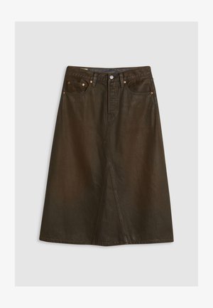 Brown, knee-length denim skirt with a front slit, five-pocket design, metal hardware, and subtle texture.