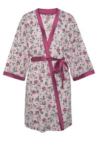 Accappatoio in cotone floreale con bordi e cintura in raso rosa, caratterizzato da un motivo di fiori viola e arancioni su una base chiara, maniche lunghe.