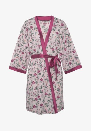 Bata de algodón floral con ribete y cinturón de satén rosa, que presenta un patrón de flores moradas y naranjas sobre un fondo claro, con mangas largas.