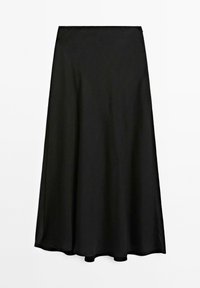 Black midi skirt made of smooth fabric, featuring a flared design and a subtle sheen. The hem is slightly curved for an elegant finish.