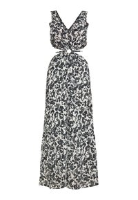 Rochie maxi florală alb-negru, cu decolteu în V, fără mâneci, detaliu cu nod la talie și fusta fluidă. Textură din material ușor.