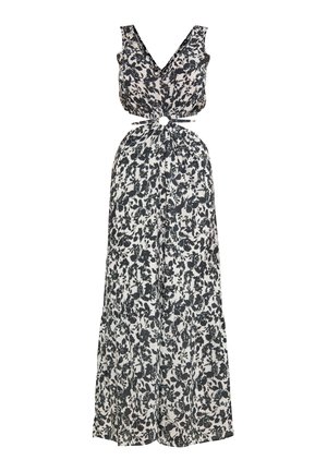 Rochie maxi florală alb-negru, cu decolteu în V, fără mâneci, detaliu cu nod la talie și fusta fluidă. Textură din material ușor.