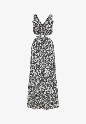 Black and white floral maxi dress with V-neckline, sleeveless design, knot detail at waist, and flowing skirt. Lightweight fabric texture.