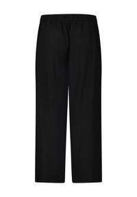 Zwarte, losse broek met een elastische tailleband, voorzien van twee achterzakken en een gladde textuur. Eenvoudig, veelzijdig ontwerp.