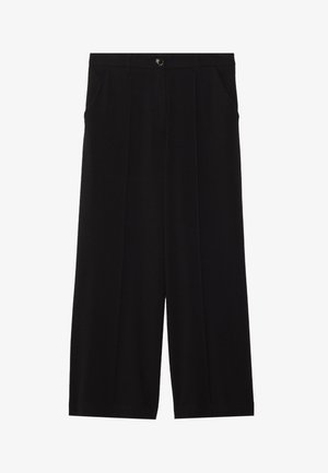 Czarne spodnie o szerokich nogawkach wykonane z gładkiego materiału, z zapięciem na guzik z przodu, dwoma bocznymi kieszeniami oraz głębokimi zakładkami.