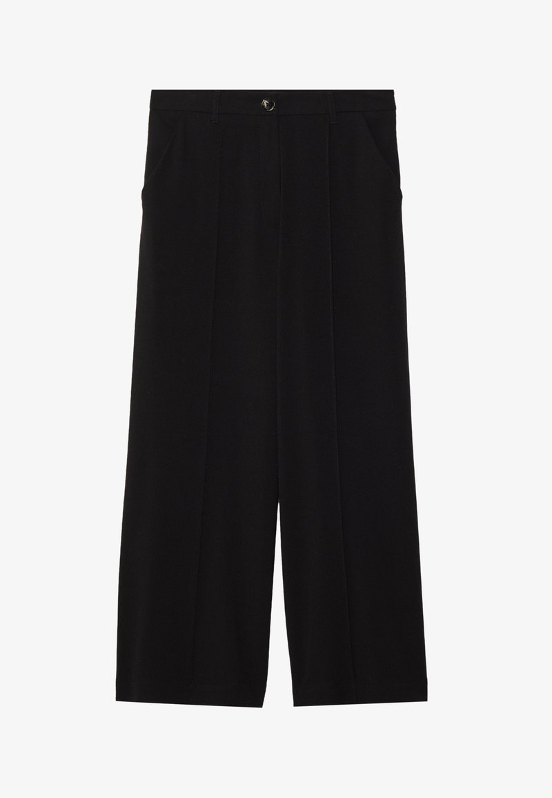 Pantalon large noir, fabriqué dans un tissu lisse, avec une fermeture à bouton à l'avant, deux poches latérales et de profonds plis.