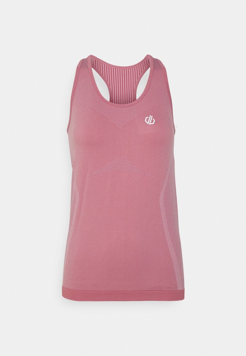 Débardeur de sport rose sans manches avec design dos nageur et panneaux en maille respirante, avec un petit logo blanc sur le côté avant gauche.