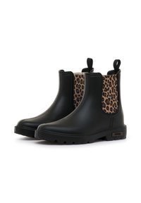 Botas Chelsea de goma negras con paneles laterales de leopardo y tiradores. Presenta una suela texturizada para mayor tracción y un diseño elegante con punta redondeada.