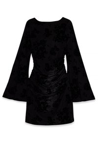 Črna dolga obleka z dolgimi rokavi z floralnim velurjem, nagubanimi detajli na pasu in okroglo izreznico, z zvončkastimi rokavi.