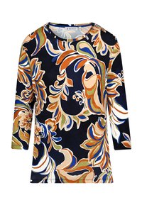 Long-sleeve top in navy fabric featuring an abstract floral pattern in orange, green, and beige hues. Rounded neckline, relaxed fit.
