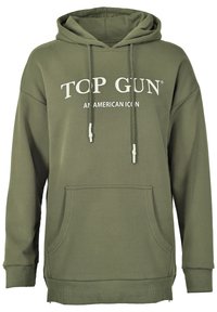 Oliwkowy hoodie z regulowanym sznurkiem, przednią kieszenią, ściągaczami u dołu rękawów oraz białym nadrukiem "TOP GUN AN AMERICAN ICON".