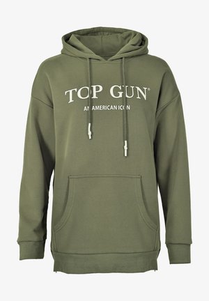 Oliwkowy hoodie z regulowanym sznurkiem, przednią kieszenią, ściągaczami u dołu rękawów oraz białym nadrukiem "TOP GUN AN AMERICAN ICON".