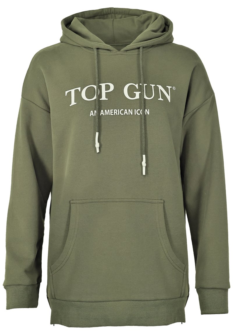 Oliwkowy hoodie z regulowanym sznurkiem, przednią kieszenią, ściągaczami u dołu rękawów oraz białym nadrukiem "TOP GUN AN AMERICAN ICON".