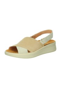 Beige Wildleder-Sandale mit offener Zehenpartie und Kreuzriemen. Sie verfügt über eine hellfarbige gepolsterte Sohle und ein verstellbares Slingback für besseren Halt.