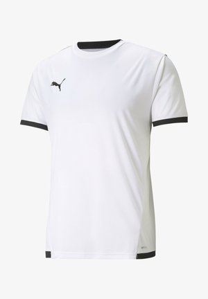 Camiseta deportiva blanca de manga corta con cuello y bordes de las mangas en negro, con un pequeño logo de Puma negro en la parte superior izquierda del pecho.