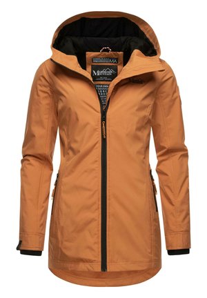 Orangene wasserdichte Jacke mit schwarzem Innenfutter, Frontreißverschluss und zwei Seitentaschen. Mit verstellbarem Kapuze und strukturiertem Material.