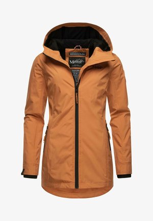 Orangene wasserdichte Jacke mit schwarzem Innenfutter, Frontreißverschluss und zwei Seitentaschen. Mit verstellbarem Kapuze und strukturiertem Material.