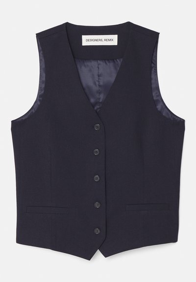 Navy blue vest with a smooth texture, single-breasted design, five buttons, and two side pockets. Satin lining visible inside.
