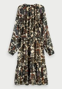 Floral print dress featuring long sleeves, gathered neckline, elastic waist, and tiered ruffle hem. Colors include black, cream, and deep red.
