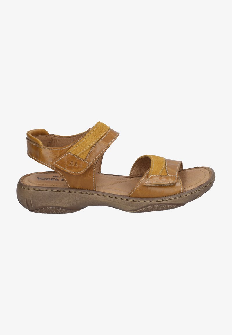 Brown leather sandal with adjustable straps, textured accents, and a cushioned sole. Features a regular shape with a slight heel.