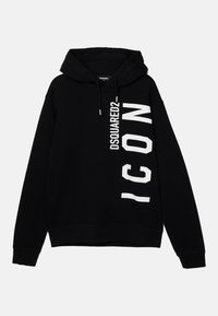 Sudadera con capucha negra de algodón, con un bolsillo tipo canguro en la parte delantera, capucha con cordón y grandes letras blancas "DSQUARED2 ICON" en el lateral.