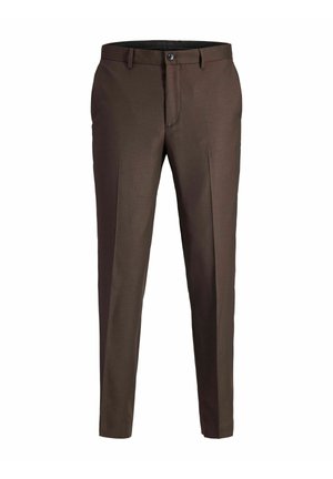 Braune maßgeschneiderte Hosen mit glatter Textur, geradem Bein, vorderen Taschen, Gürtelschlaufen und einem einzigen Knopfverschluss.