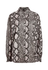 Camicia a maniche lunghe con motivo a stampa di serpente in nero e grigio. Realizzata in tessuto morbido, con chiusura a bottoni e polsini arricciati.