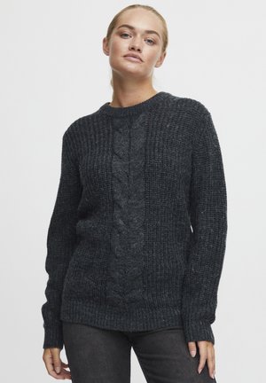 Dunkelgrauer, gestrickter Pullover mit einem Zopfmuster in der Mitte, gerippten Bündchen und einem runden Halsausschnitt. Weicher Griff, lässige Passform.