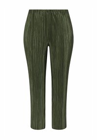 Gröna, strukturerade byxor med vertikala veck, elastisk midja och kort längd. Tyget har en subtil lyster och en slät yta.