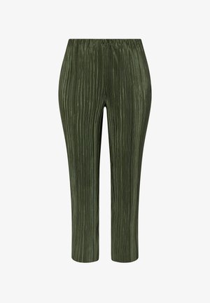 Vihreät, teksturoidut housut, joissa on pystysuorat laskokset, joustava vyötärö ja lyhennetty pituus. Kangas on hieman kiiltävä ja sileä viimeistely.